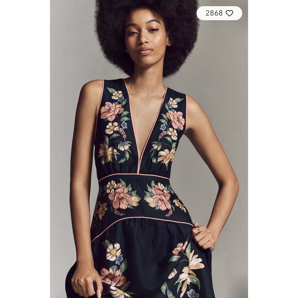 FARM RIO Maira Floral Linen Plunge Maxi Dress Women's Size M Navy Blue - Picture 3 of 16